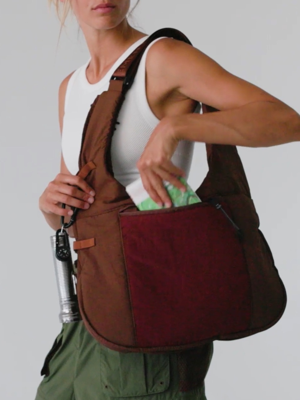 Free People Convertible Vest Tote Brown Red Shoulder Bag Cherry Chocolate Nylon